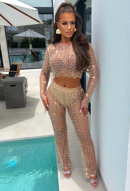 Gold Sequin Pearl Mesh Top