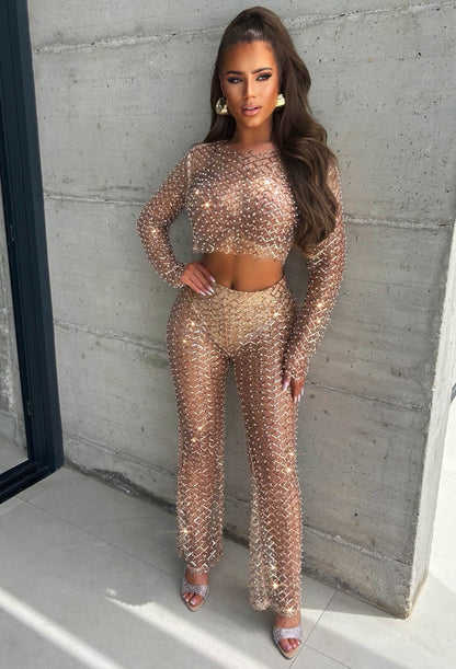 Gold Sequin Pearl Mesh Top