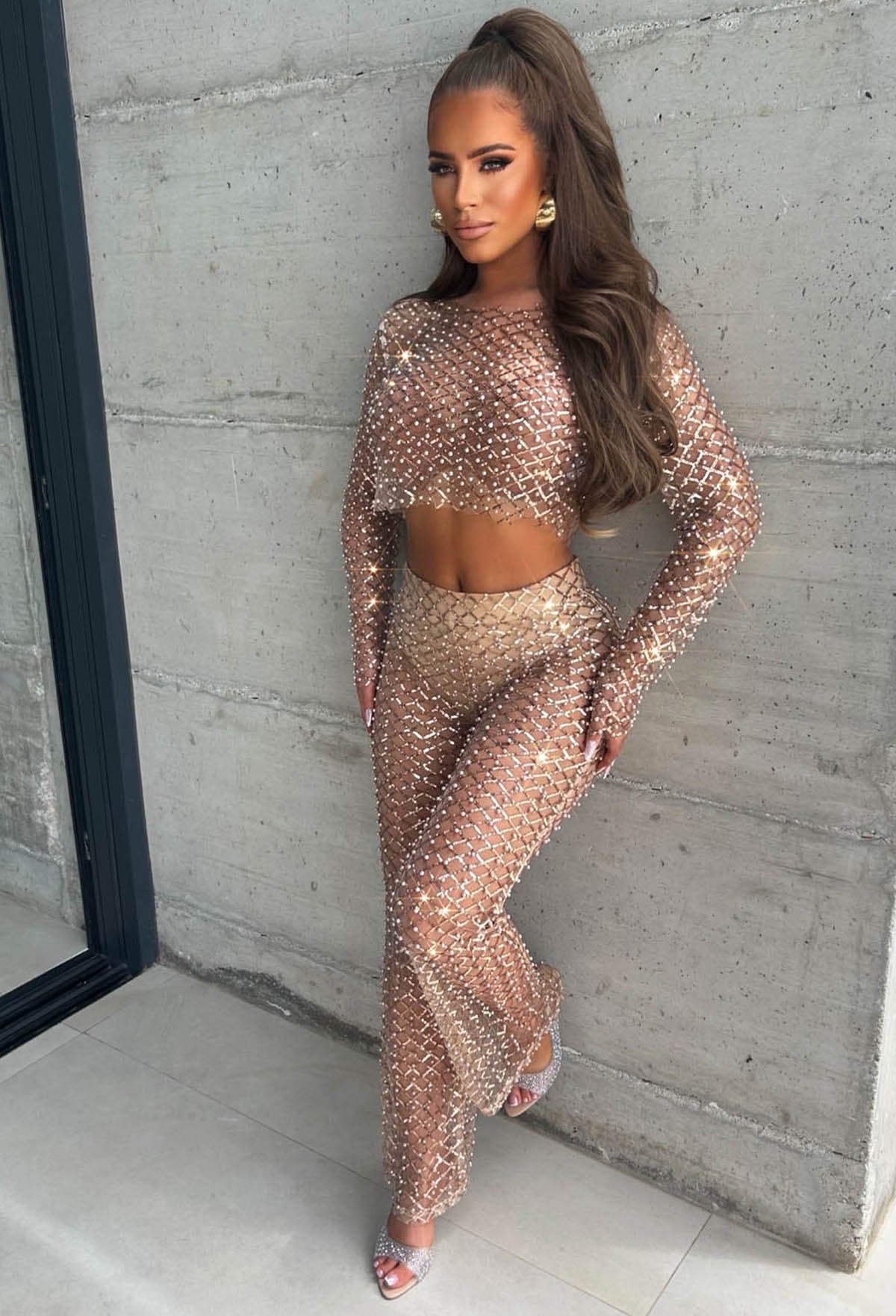 Gold Sequin Pearl Mesh Top